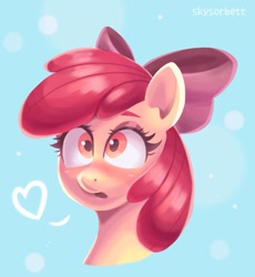 Size: 1469x1600 | Tagged: safe, artist:skysorbett, character:apple bloom, species:earth pony, species:pony, g4, abstract background, adorabloom, apple family member, blue background, bust, colored eyebrows, cute, eyebrows, female, filly, heart, open mouth, portrait, shocked, shocked expression, signature, simple background, solo, young