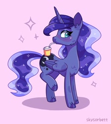 Size: 1843x2048 | Tagged: safe, artist:skysorbett, character:princess luna, species:alicorn, species:pony, g4, backwards cutie mark, cheek fluff, chest fluff, colored hooves, cute, cutie mark, drink, drinking, ear fluff, female, heart eyes, hooves, lunabetes, mare, pink background, profile, raised hoof, raised leg, simple background, solo, sparkles, straw, unshorn fetlocks, wingding eyes