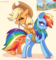 Size: 1898x2048 | Tagged: safe, artist:skysorbett_art, character:applejack, character:bon bon, character:cloud kicker, character:coco crusoe, character:doctor whooves, character:rainbow dash, character:sweetie drops, character:time turner, species:earth pony, species:pegasus, species:pony, episode:fall weather friends, g4, my little pony: friendship is magic, beige background, bondage, candy mane, colored eyebrows, eyebrows, female, holding, mare, mouth hold, profile, rope, running of the leaves, scene interpretation, screencap reference, signature, simple background, three quarter view, tied up, unamused