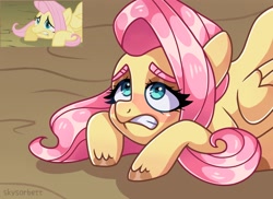 Size: 2048x1493 | Tagged: safe, artist:skysorbett, character:fluttershy, species:pegasus, species:pony, episode:dragonshy, g4, my little pony: friendship is magic, colored eyebrows, colored hooves, eyebrows, female, hooves, mare, scared, scene interpretation, screencap reference, solo, unshorn fetlocks