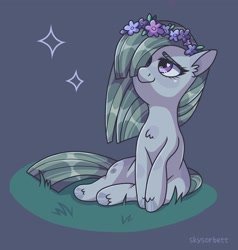 Size: 1949x2048 | Tagged: safe, artist:skysorbett, character:marble pie, species:earth pony, species:pony, g4, colored eyebrows, eyebrows, female, floral head wreath, flower, grass, hair over one eye, headband, mare, purple background, signature, simple background, sitting, smiling, solo, sparkles, unshorn fetlocks