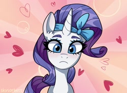 Size: 2040x1492 | Tagged: safe, artist:skysorbett, character:rarity, species:pony, species:unicorn, episode:bad thing no. 3, g4, g4.5, my little pony: pony life, my little pony:pony life, abstract background, blushing, colored eyebrows, eyebrows, female, frown, full face view, g4.5 to g4, headband, heart, looking at you, mare, scene interpretation, signature, solo