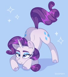 Size: 1825x2048 | Tagged: safe, artist:skysorbett, character:rarity, species:pony, species:unicorn, g4, blue background, colored eyebrows, colored hooves, crouching, eyebrows, face down ass up, female, hooves, jacko challenge, lidded eyes, mare, meme, signature, simple background, smiling, solo, sparkles, unshorn fetlocks