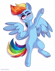 Size: 1580x2048 | Tagged: safe, artist:skysorbett, part of a set, character:rainbow dash, species:pegasus, species:pony, g4, alternate hairstyle, blushing, colored eyebrows, colored wings, eyebrows, female, frog (hoof), hooves, mare, multicolored wings, one eye closed, signature, simple background, solo, spread wings, two toned wings, underhoof, unshorn fetlocks, white background, wings