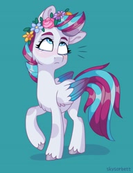 Size: 1571x2048 | Tagged: safe, artist:skysorbett, character:zipp storm, species:pegasus, species:pony, g5, my little pony: a new generation, adorazipp, cheek fluff, chest fluff, colored eyebrows, colored hooves, colored wings, cute, eyebrows, female, floral head wreath, flower, flower wreath, hooves, looking up, mare, multicolored wings, raised hoof, simple background, solo, teal background, unshorn fetlocks, wings