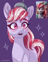 Size: 1581x2048 | Tagged: safe, artist:skysorbett, character:sugar moonlight, species:earth pony, species:pony, g5, my little pony: a new generation, anti-mind reading cap, colored eyebrows, eyebrows, eyeshadow, female, makeup, mare, open mouth, purple background, scene interpretation, signature, simple background, solo, sparkles, stars, surprised