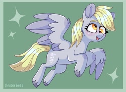 Size: 2048x1494 | Tagged: safe, artist:skysorbett, character:derpy hooves, species:pegasus, species:pony, g4, colored eyebrows, colored hooves, derp, eyebrows, female, flying, green background, hooves, mare, open mouth, signature, simple background, smiling, solo, sparkles, spread wings, three quarter view, unshorn fetlocks, wings