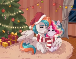 Size: 2048x1586 | Tagged: safe, artist:skysorbett, oc, oc only, species:pegasus, species:pony, g4, candy, candy cane, christmas, christmas lights, christmas ornament, christmas tree, clothing, colored eyebrows, cute, eyebrows, eyes closed, female, food, hat, holiday, hug, lights, lying down, male, mare, ocbetes, ornament, pegasus oc, present, prone, rug, santa hat, scarf, shared clothing, shared scarf, signature, stallion, striped scarf, tree, unshorn fetlocks, window, winghug, wings