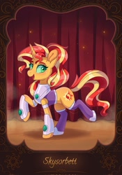 Size: 1431x2048 | Tagged: safe, artist:skysorbett, character:sunset shimmer, species:pony, species:unicorn, g4, my little pony:equestria girls, alternate hairstyle, boots, clothing, colored eyebrows, cosplay, costume, crossover, cute, dc comics, eyebrows, female, jewelry, mare, open mouth, raised hoof, raised leg, regalia, shimmerbetes, shoes, signature, solo, starfire, sunset cosplay flashmob, teen titans, three quarter view