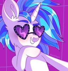 Size: 1874x1956 | Tagged: safe, artist:skysorbett, character:dj pon-3, character:vinyl scratch, species:pony, species:unicorn, g4, abstract background, cheek fluff, colored eyebrows, cute, ear fluff, eyebrows, female, glasses, grin, heart shaped glasses, lip bite, mare, raised hoof, smiling, solo, sunglasses, vinylbetes