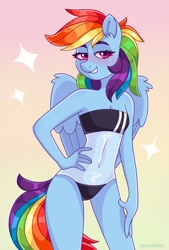 Size: 692x1024 | Tagged: safe, artist:skysorbett, character:rainbow dash, species:anthro, species:pegasus, g4, belly button, blushing, clothing, colored eyebrows, cute, dashabetes, delicious flat chest, eyebrows, female, gradient background, grin, gris swimsuit, hand, hand on hip, hips, looking at you, mare, one-piece swimsuit, rainbow flat, see-through, signature, simple background, smiling, solo, sparkles, swimsuit, three quarter view, wing fluff, wings