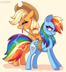 Size: 1898x2048 | Tagged: safe, alternate version, artist:skysorbett, character:applejack, character:rainbow dash, species:earth pony, species:pegasus, species:pony, episode:fall weather friends, g4, my little pony: friendship is magic, season 1, applejack's hat, beige background, blushing, bondage, bound wings, candy mane, clothing, colored eyebrows, cowboy hat, duo, eyebrows, eyes closed, female, freckles, gritted teeth, hat, holding, mare, mouth hold, profile, rainbond dash, rainbow dash is not amused, rope, running, running of the leaves, scene interpretation, screencap reference, signature, simple background, stetson, three quarter view, tied up, unamused, wings