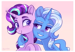 Size: 2252x1565 | Tagged: safe, artist:skysorbett, character:starlight glimmer, character:trixie, species:pony, species:unicorn, g4, bedroom eyes, blushing, colored eyebrows, colored hooves, cute, diatrixes, duo, eyebrows, female, glimmerbetes, gradient background, grin, hooves, hug, looking at each other, looking at someone, mare, pink background, scene interpretation, signature, simple background, smiling, three quarter view, unshorn fetlocks