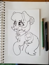 Size: 1548x2064 | Tagged: safe, artist:dandy, character:coco pommel, species:earth pony, species:pony, g4, cocobetes, collar, cute, eyebrows, eyebrows visible through hair, eyelashes, female, mare, open mouth, saddle bag, solo, tail, traditional art, wip