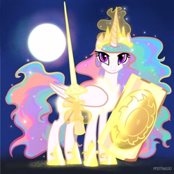 Size: 2568x2568 | Tagged: safe, artist:pfeffaroo, part of a set, character:princess celestia, species:alicorn, species:pony, fanfic:the triangle of moons: mending shards, g4, clothing, crown, female, full face view, glowing horn, hoof shoes, horn, jewelry, looking at you, magic, magic aura, mare, regalia, shield, shoes, signature, solo, sword, telekinesis, weapon
