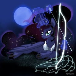 Size: 2283x2283 | Tagged: safe, artist:pfeffaroo, part of a set, character:princess luna, species:alicorn, species:pony, fanfic:the triangle of moons: mending shards, g4, armor, arrow, bow (weapon), bow and arrow, clothing, female, glowing horn, hoof shoes, horn, jewelry, looking at you, lying down, magic, magic aura, mare, moon, necklace, net, peytral, prone, shoes, signature, solo, telekinesis, three quarter view, weapon