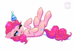 Size: 4096x2731 | Tagged: safe, artist:confetticakez, character:pinkie pie, species:earth pony, species:pony, newbie artist training grounds, g4, atg 2021, blushing, chest fluff, clothing, colored pupils, ear fluff, female, hat, leg fluff, lying down, mare, on back, one eye closed, party hat, simple background, solo, white background