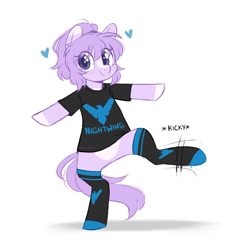 Size: 770x810 | Tagged: safe, artist:higgly-chan, oc, oc only, oc:mio, species:earth pony, species:pony, bipedal, clothing, coat markings, crossover, cute, dc comics, dick grayson, eye clipping through hair, female, heart, hoofy-kicks, hooves, mare, markings, nightwing, ocbetes, shirt, simple background, socks, solo, t-shirt, white background