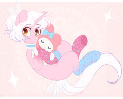 Size: 1200x969 | Tagged: safe, artist:higgly-chan, oc, oc only, oc:rosy sky, species:pony, species:unicorn, clothing, eye clipping through hair, eyebrows, eyebrows visible through hair, female, looking sideways, mare, smiling, socks, solo, sparkles, starry eyes, three quarter view, unicorn oc