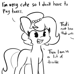 Size: 3000x3000 | Tagged: safe, artist:tjpones, oc, oc only, oc:brownie bun, species:earth pony, species:pony, horse wife, cute, female, horse taxes, mare, monochrome, ocbetes, offscreen character, open mouth, simple background, smiling, solo, tax evasion, taxes, this will end in jail time, white background