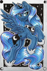 Size: 1793x2692 | Tagged: safe, artist:dandy, character:princess luna, species:alicorn, species:pony, g4, beautiful, clothing, crown, cutie mark, ear fluff, ethereal mane, eyebrows, eyebrows visible through hair, eyelashes, eyeshadow, female, galaxy mane, hoof shoes, horn, jewelry, lidded eyes, looking sideways, makeup, mare, marker drawing, necklace, peytral, redraw, regalia, shoes, smiling, solo, spread wings, stars, traditional art, wings