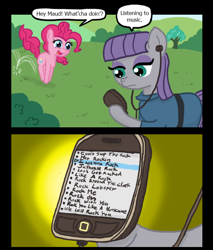 Size: 640x750 | Tagged: safe, artist:ficficponyfic, character:maud pie, character:pinkie pie, species:earth pony, species:pony, g4, bouncing, comic, dialogue, earbuds, female, hoof hold, hopping, iphone, mare, music, playlist, pronking, rock (music), rock band, song, speech bubble, text, that pony sure does love rocks