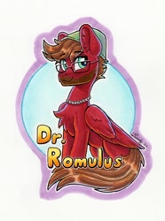 Size: 892x1200 | Tagged: safe, artist:dandy, oc, oc:dr. romulus, species:pegasus, species:pony, :3, badge, beard, chain necklace, chest fluff, clothing, con badge, facial hair, gift art, glasses, harmonycon, harmonycon 2022, hat, looking at you, male, sitting, smiling, solo, stallion, traditional art