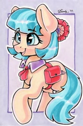 Size: 1759x2684 | Tagged: safe, artist:dandy, character:coco pommel, species:earth pony, species:pony, g4, cocobetes, collar, cravat, cute, eyebrows, eyebrows visible through hair, eyelashes, female, flower, flower in hair, mare, marker drawing, open mouth, saddle bag, solo, tail, traditional art