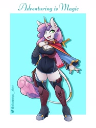 Size: 1800x2400 | Tagged: safe, artist:ambris, character:sweetie belle, species:anthro, species:unicorn, g4, adventuring is magic, bard, belly button, boots, breasts, busty sweetie belle, cleavage, cloak, clothing, corset, curved horn, dress, ear piercing, earring, explicit source, eyelashes, female, finger hooves, horn, horn jewelry, horn ring, jewelry, leonine tail, looking at you, mare, older, older sweetie belle, one eye closed, open mouth, piercing, ring, shoes, simple background, singing, skintight clothes, solo, sword, tail, thigh boots, tight clothing, weapon