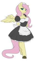 Size: 553x960 | Tagged: safe, artist:sugarcup, character:fluttershy, species:anthro, species:pegasus, species:unguligrade anthro, g4, breasts, cleavage, clothing, colored hooves, colored pupils, eyebrows, eyebrows visible through hair, female, fluttermaid, hooves, looking at you, maid, mare, simple background, smiling, solo, spread wings, three quarter view, white background, wings