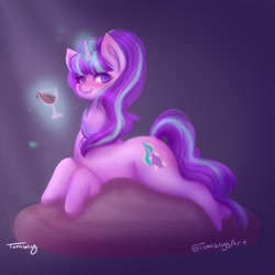Size: 1000x1000 | Tagged: safe, artist:tumblysart, character:starlight glimmer, species:pony, species:unicorn, g4, alcohol, blushing, cushion, drink, glowing horn, horn, looking at you, lying down, magic, magic aura, prone, purple background, signature, simple background, solo, telekinesis, three quarter view, wine