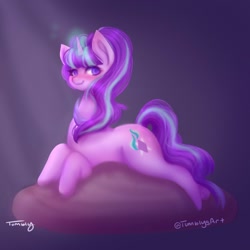 Size: 1000x1000 | Tagged: safe, alternate version, artist:tumblysart, character:starlight glimmer, species:pony, species:unicorn, g4, blushing, cushion, glowing horn, horn, looking at you, lying down, magic, magic aura, prone, purple background, signature, simple background, solo, three quarter view