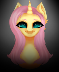 Size: 788x963 | Tagged: safe, artist:tumblysart, character:fluttershy, species:pony, species:unicorn, g4, bust, colored eyebrows, colored pupils, eyebrows, female, full face view, gradient background, looking at you, mare, portrait, race swap, simple background, solo, unicorn fluttershy
