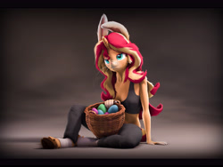 Size: 8000x6000 | Tagged: safe, artist:imafutureguitarhero, character:sunset shimmer, species:anthro, species:unguligrade anthro, species:unicorn, g4, my little pony:equestria girls, 3d, basket, bra, bunny ears, clothing, easter, easter basket, easter egg, explicit source, female, holiday, mare, pants, solo, source filmmaker, sports bra, transformation, underwear, whiskers