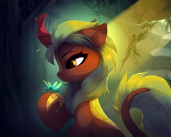 Size: 3810x3048 | Tagged: safe, alternate version, artist:magnaluna, character:cinder glow, character:summer flare, species:kirin, g4, cloven hooves, colored hooves, dragonfly, eyebrows, female, hooves, insect, looking down, profile, raised hoof, solo, solo female
