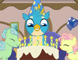 Size: 858x663 | Tagged: safe, artist:queencold, part of a set, character:gallus, species:earth pony, species:griffon, species:pony, g4, balloon, beachcomber (g4), birthday cake, cake, candle, clothing, cute, eyes closed, female, food, gallabetes, happy, hat, high tide (g4), male, mare, party hat, profile, smiling, stallion