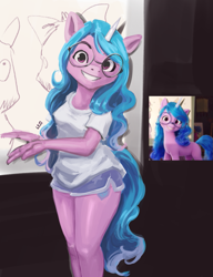 Size: 1077x1400 | Tagged: safe, artist:leomitsu, character:izzy moonbow, species:anthro, species:unguligrade anthro, species:unicorn, g5, my little pony: a new generation, clothing, colored eyebrows, cute, digital art, eyebrows, female, glasses, gradient hair, izzybetes, krita, legs, lineless, mare, multicolored hair, redraw, scene interpretation, screencap reference, shorts, signature, smiling, solo