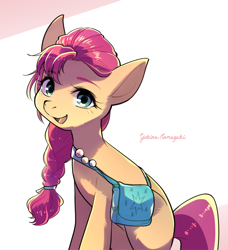 Size: 1280x1404 | Tagged: safe, artist:namagaki_yukina, character:sunny starscout, species:earth pony, species:pony, g5, abstract background, braid, colored eyebrows, eyebrows, female, looking at you, mare, open mouth, open smile, saddle bag, satchel, signature, simple background, smiling, solo, sunny's buttons