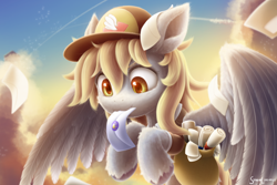 Size: 2700x1800 | Tagged: safe, artist:symbianl, character:derpy hooves, species:pegasus, species:pony, g4, baseball cap, cap, clothing, cloud, colored hooves, ear fluff, female, fluffy, flying, hat, hooves, leg fluff, letter, mail, mailbag, mailmare, mailpony, mare, scroll, signature, sky, solo, spread wings, unshorn fetlocks, wing fluff, wings