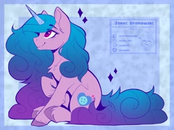 Size: 2048x1536 | Tagged: safe, artist:jenni_gronowski, character:izzy moonbow, species:pony, species:unicorn, g5, abstract background, chest fluff, colored hooves, cute, eyebrows, female, gradient hair, hooves, izzybetes, looking up, mare, multicolored hair, profile, raised hoof, sitting, smiling, solo, sparkles, text, unshorn fetlocks, watermark
