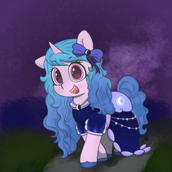 Size: 2160x2160 | Tagged: safe, artist:limitmj, character:izzy moonbow, species:pony, species:unicorn, g5, bow, clothing, colored hooves, cute, dress, eyebrows, eyebrows visible through hair, female, gradient hair, hair bow, hooves, izzybetes, looking at you, mare, multicolored hair, night, night sky, open mouth, open smile, sky, smiling, solo, unshorn fetlocks