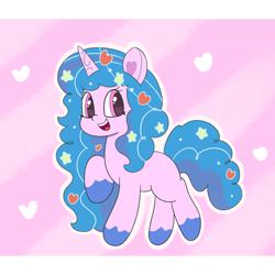 Size: 2048x2048 | Tagged: safe, artist:limitmj, character:izzy moonbow, species:pony, species:unicorn, g5, abstract background, colored hooves, cute, female, flower, flower in hair, gradient hair, heart, hooves, izzybetes, looking sideways, mare, multicolored hair, open mouth, open smile, raised hoof, smiling, solo, unshorn fetlocks