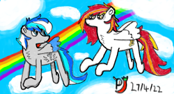 Size: 948x516 | Tagged: safe, artist:paprika jenkins, oc, oc only, oc:diamond sun, oc:hawker hurricane, species:pegasus, species:pony, blue sky, cloud, couple, female, flying, looking at each other, male, rainbow, shipping
