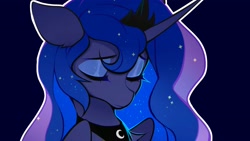 Size: 3000x1687 | Tagged: safe, artist:vensual99, character:princess luna, species:alicorn, species:pony, g4, blue background, bust, chest fluff, ear fluff, eyebrows, eyes closed, female, floppy ears, mare, portrait, sad, simple background, solo