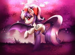 Size: 3082x2237 | Tagged: safe, artist:allyster-black, artist:confetticakez, oc, oc only, oc:sweet velvet, species:bat pony, species:pony, butt, cherry blossoms, collaboration, complex background, cutie mark, dock, ear fluff, eyebrows, eyelashes, featureless crotch, female, flower, flower in hair, lake, looking at you, looking back, looking back at you, mare, ponytail, ribbon, smiling, solo, spread wings, tail, water, wings