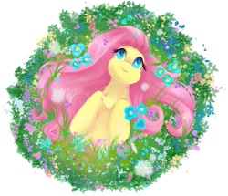 Size: 1200x1031 | Tagged: safe, artist:saphypone, character:fluttershy, species:pegasus, species:pony, g4, flower, flower field, flower in hair, fluttershy day, solo