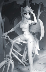 Size: 1500x2340 | Tagged: safe, artist:yakovlev-vad, oc, oc only, oc:jeppesen, species:anthro, species:pegasus, species:unguligrade anthro, g4, anthro oc, belly, belly button, bicycle, braid, breasts, clothing, female, forest, grayscale, mare, monochrome, pegasus oc, shirt, short shirt, shorts, sketch, solo, spread wings, three quarter view, twin braids, wings