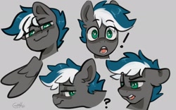 Size: 2048x1280 | Tagged: safe, artist:goshhhh, oc, oc only, oc:thunder breeze, species:pegasus, species:pony, g4, bust, confused, expressions, eyebrows, eyebrows visible through hair, full face view, gray background, pegasus oc, profile, simple background, smug, surprised, three quarter view, tired