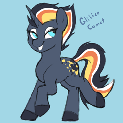 Size: 1280x1280 | Tagged: safe, artist:loom, oc, oc:glitter comet, species:pony, species:unicorn, g4, blue background, colored hooves, hooves, looking up, raised hoof, simple background, solo, text
