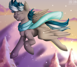 Size: 2286x2000 | Tagged: safe, artist:rinikka, oc, oc only, oc:thunder breeze, species:pegasus, species:pony, g4, clothing, colored eyebrows, eyebrows, eyes closed, flying, male, pegasus oc, scarf, signature, smiling, snow, solo, spread wings, stallion, three quarter view, wings
